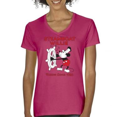 Imagem de Camiseta feminina Steamboat Willie Vibing Since 1928 gola V icônica retrô desenho mouse atemporal clássica vintage Vibe, Rosa choque, G