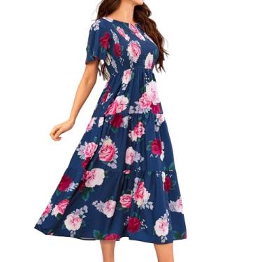 Imagem de VIDUSSA Vestidos midi de verão para mulheres - Boho floral esvoaçante manga curta gola redonda vestidos de sol longos rodados em camadas, Floral azul-marinho, M