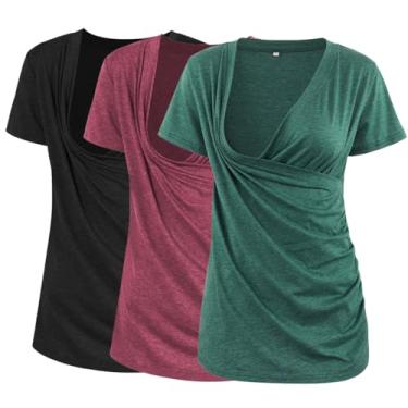 Imagem de Liu & Qu Camisetas femininas de amamentação para maternidade, envoltório em camadas para amamentação, camisetas de manga curta com gola V, pacote com 3, Preto/vermelho vinho/verde claro mesclado, P