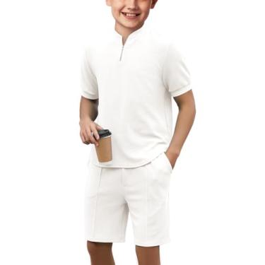 Imagem de Haloumoning Conjunto curto de 2 peças para meninos, camisetas com zíper e shorts de cintura elástica de 5 a 14 anos, Branco, 10-12 Years