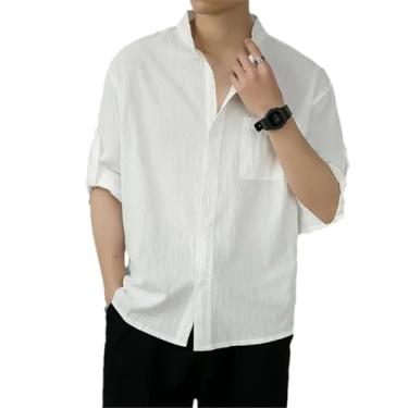 Imagem de Camisa masculina de verão fina estilo chinês de algodão e linho manga curta camisa de linho casual solta cor sólida masculina, Branco, M