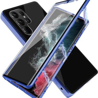 Imagem de HAO RIYLN Capa de vidro temperado para Samsung Galaxy S24 Ultra/S24 Plus/S24, capa de adsorção magnética de liga de alumínio, proteção contra quedas de grau militar, azul, S24