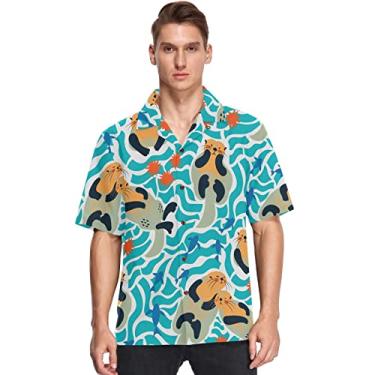 Imagem de visesunny Linda camisa havaiana de lontra do mar, peixe, ouriço-do-mar, casual, masculina, abotoada, manga curta, aloha, Multicolorido, M