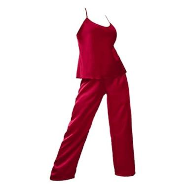 Imagem de EUBUY Conjunto de pijama feminino de 2 peças, super macio, costas nuas, calça comprida, conjunto de pijama pêssego-GG, Vermelho, M