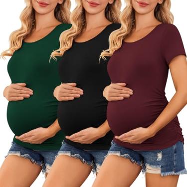 Imagem de Ekouaer Camisetas femininas maternidade pacote com 3 camisetas laterais franzidas para gravidez túnica túnica roupas casuais para mamãe P-2GG, 3 peças - preto + vermelho vinho + verde, M