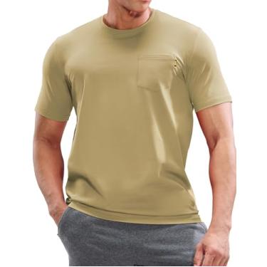 Imagem de MIER Camisetas masculinas de algodão com bolso macio liso manga curta gola redonda camiseta casual básica, respirável, Bronzeado, P