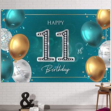 Imagem de HAMIGAR 1,8 x 1,2 m Happy 11th Birthday Banner Backdrop - Decorações de aniversário de 11 anos de idade suprimentos de festa para meninas meninos - prata verde