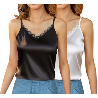 Imagem de SANGTREE Camiseta regata feminina de cetim de seda com acabamento em renda e gola V sem mangas alças finas, W-preto + branco, GG