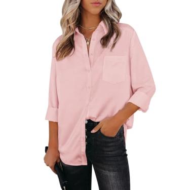 Imagem de Aoudery Camisas femininas de botão, manga comprida, gola sem rugas, gola V, trabalho, escritório, túnica de chiffon, C, rosa claro, P