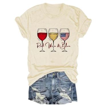 Imagem de Camiseta feminina Independence Day de manga curta com bandeira americana, taça de vinho, vermelha, branca, azul, gola redonda, Bege, 3G