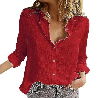 Imagem de Camisetas femininas de linho básicas de botão, manga comprida, verão, casual, leve, gola com lapela, túnica, para sair, Vermelho, XXG