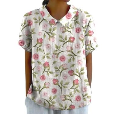 Imagem de Blusa feminina de linho com lapela floral e gola redonda com botões soltos, camiseta casual, shorts de treino feminino, rosa, XXG