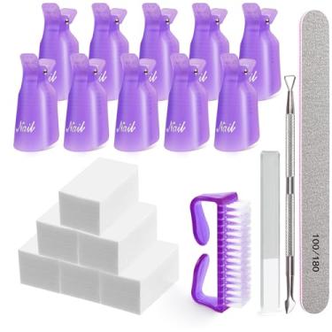 Imagem de Nail Polish Remover Clips,MORGLES Nail Remover Clip Kit 10pcs Acrylic Nail Art Soak Off Clip Caps Nano Glass Nail File Nail Remover Pads Cuticle Pusher Nail Brushes Nail File Grits 100/180 (Purple)