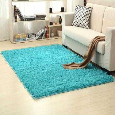 Imagem de Tapetes desgrenhados para sala de estar quarto moderno preto cor sólida pelúcia piso tapetes macios sala área tapete, azul, 100x200cm