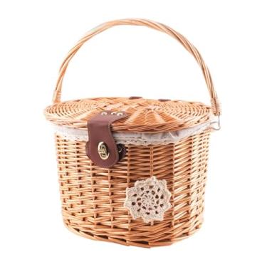 Imagem de SM SunniMix Cesta frontal de bicicleta, cesta de vegetais, feita à mão, com tampa, decoração, com alça, cesta de armazenamento, cesta suspensa de bicicleta para, com Forro de Pano
