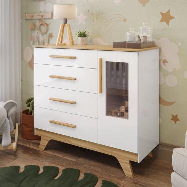 Imagem de Cômoda Infantil 118,6cm 1 Porta com Janela 4 Gavetas 100% Mdf Retrô Espresso Móveis Branco/Amêndoa