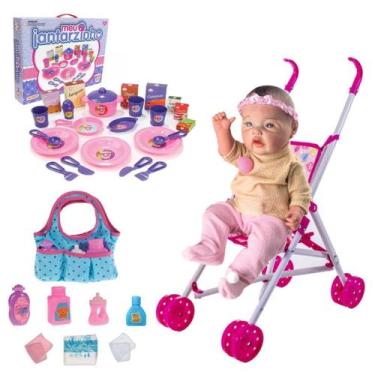Imagem de Boneca Bebê Reborn Pode Dar Banho + Carrinho Bolsa e Jantar - Milk Bri