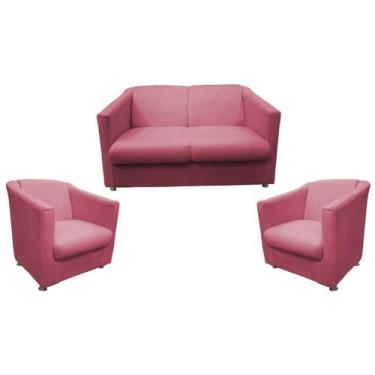 Imagem de Kit Namoradeira + 2 Poltronas Decorativa Biane Suede Rosa Pés Cromado 