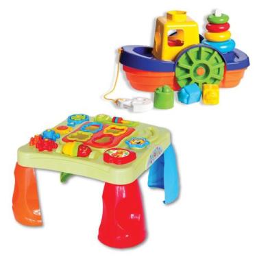 Imagem de Kit Brinquedo Barco Encaixar + Mesinha Didática Infantil Bebê Interati