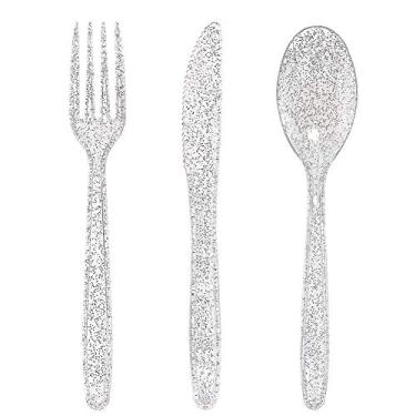 Imagem de WDF Talheres de plástico prata 360 - Talheres descartáveis de plástico com glitter prateado - Talheres descartáveis incluindo: 120 garfos, 120 colheres e 120 facas