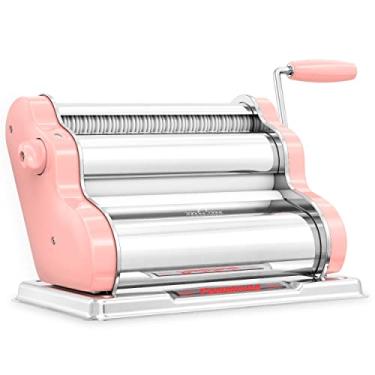 Imagem de PASTALINDA Máquina de fazer massa clássica 260, rolos de 26 cm de largura, 9 posições de espessura, 2 posições de corte, aço inoxidável. Inclui manivela de mão reforçada e dois grampos (rosa)