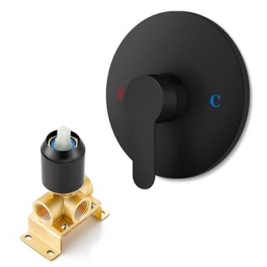 Imagem de Heyalan Misturador de válvula de chuveiro de banheiro kit de acabamento de alça única de função única montagem na parede torneira de latão chuveiro válvula áspera rosca fêmea, redondo, preto fosco