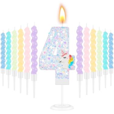 Imagem de MTLEE Número 4 velas de aniversário com número de unicórnio, 12 velas espirais arco-íris para meninas, bolo de aniversário, lantejoulas, numeral, número de velas de princesa, topo de bolo de