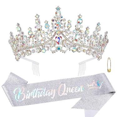 Imagem de ATODEN Tiara de aniversário com rainha de prata, coroa, tiaras e coroas para mulheres, meninas, tiara de cristal de princesa, AB com strass, coroas de quinze anos, decorações de aniversário, acessórios para casamento, noiva, formatura, cosplay, artigos de festa