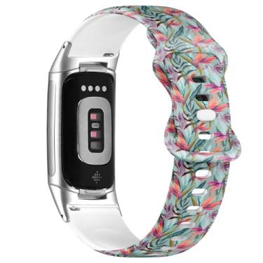 Imagem de Pulseira de relógio de silicone macio compatível com Fitbit Charge 5/Fitbit Charge 6 (flor tropical planta folha 2) pulseira esportiva macia para mulheres e homens