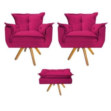 Imagem de Kit 02 Poltronas e Puff Opala Base Giratória de Madeira Suede Pink - D