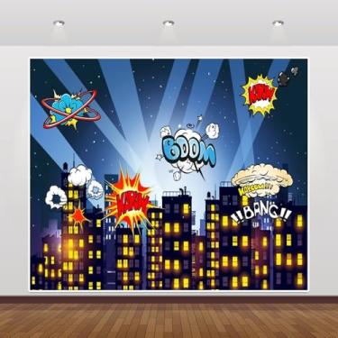 Imagem de Caaerttply 3 x 2,4 m, cenário fotográfico de super-herói, super cidade, desenhos animados, horizonte, edifícios, decoração de fotos para crianças, meninos, festa de aniversário, bolo, banner, estúdio,