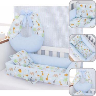 Imagem de Kit Ninho e Almofada Amamentação Berço Bebê Luxo - Criativa, Safari Az