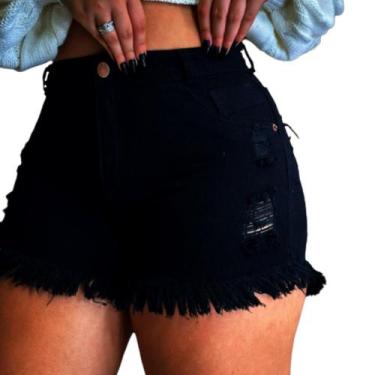 Imagem de Short Jeans Preto Feminino desfiado Curto Cintura Alta - karha confecç
