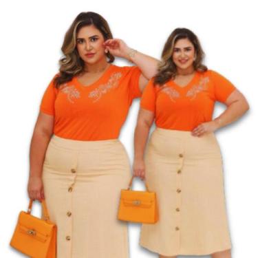 Imagem de Saia Midi Linho Tebas Forrado c/ 5 Botões Plus Size - Amoplus, Amarelo