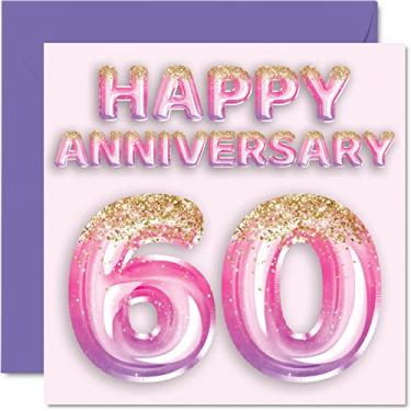 Imagem de Cartão de aniversário de diamante bonito para esposa namorada marido namorado - balões rosa roxo glitter - cartões de aniversário de 60 anos da família, cartões de felicitações de 145 mm x 145 mm para sexagésimos aniversários
