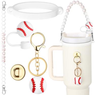 Imagem de Skylety Conjunto de 5 peças de acessórios de copo de silicone compatível com Stanley Cup, incluindo alça de garrafa de contas de silicone, chaveiro de beisebol 3D, capa de canudo de beisebol, anel de