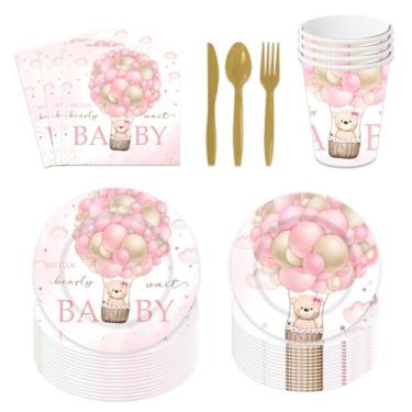 Imagem de MAYSSKQ 168Pcs We Can Bearly Wait Bear Baby Shower Party Supplies Serve 24, Inclui Pratos, Guardanapos, Copos, Garfos, Colheres, Facas, Urso de Pelúcia Rosa E Marrom para Meninas Aniversário Chá de Be