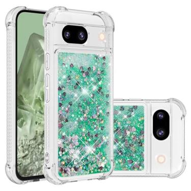 Imagem de LEMAXELERS Capa de cristal para Google Pixel 8A, capa de areia movediça líquida com glitter transparente brilhante TPU capa protetora para Google Pixel 8A. YBL Love Green