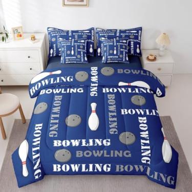 Imagem de Feelyou Jogo de cama casal com estampa de boliche, bola de boliche, para crianças, adolescentes e meninas, conjunto de cama azul