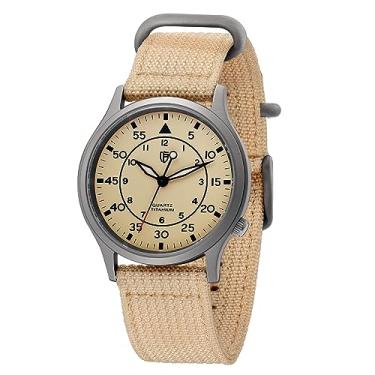 Imagem de BERNY Relógio de pulso masculino de titânio japonês Sweep Second Quartz Movement 5ATM à prova d'água masculino de campo relógio de pulso militar com relógios esportivos analógicos luminosos, Lona-bege