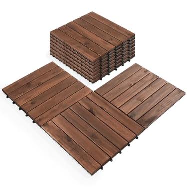 Imagem de AN68 - Pacote com 10 peças, 6 ladrilhos de deck interligados 30,5 x 30,5 cm, azulejos de madeira de acácia natural - piso de pátio externo à prova d'água, azulejos para ambientes externos e internos,