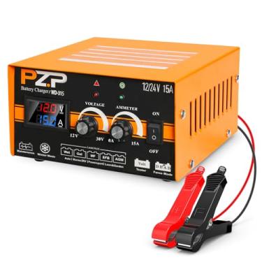 Imagem de PZ.P Manitainer de carregador de bateria 0-15A 12V/24V, carregador de bateria de carro caminhão barco com tensão e corrente ajustáveis - para baterias automotivas, marítimas, de ciclo profundo, AGM