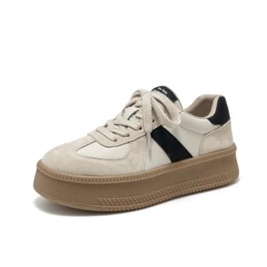 Imagem de BEAU TODAY Tênis feminino retrô plataforma, tênis moderno para mulheres, tênis casual de couro de camurça, tênis de caminhada confortável com cadarço antiderrapante, Damasco - preto, 36