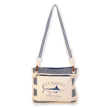 Imagem de Guy Harvey Bolsa transversal de lona náutica, creme e azul-marinho, design com logotipo Marlin, Multi, Large