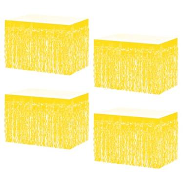 Imagem de MZJU Saias de mesa 4P onduladas metálicas com franjas para mesas retangulares, cortinas de guirlanda, para desfile, boias, casamentos, festas de aniversário, Halloween, Natal (amarelo makaron)