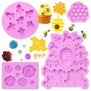 Imagem de Moldes de silicone de favo de mel rosa mini moldes de fondant de flor de abelha mel moldes de chocolate para primavera festa chá decoração de bolo de aniversário topo de cupcake doce açúcar artesanato