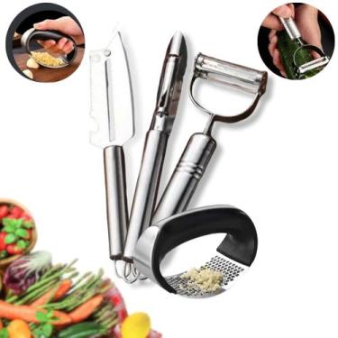 Imagem de Kit 3 Descascadores Inox Legumes e Espremedor Amassador Triturador De 