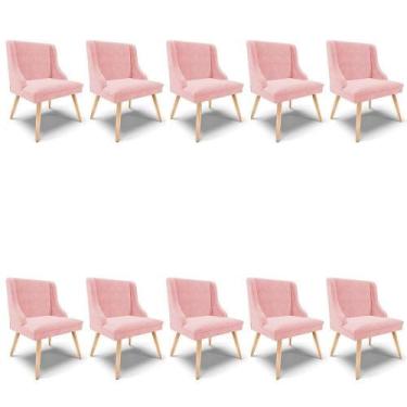 Imagem de Kit 10 Cadeiras De Jantar Liz Suede Rosa Bebê Pés Palito Natural - DRO