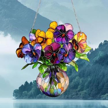 Imagem de Vaso de flor colorido para pendurar na janela, painel de janela impresso dupla face acrílico manchado em forma de vaso, ótimo presente para mãe, avó, amante de flores, aniversário, dia das mães ou