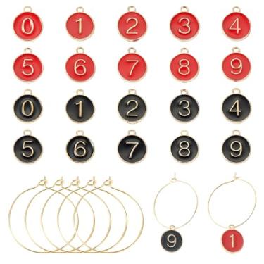 Imagem de Magibeads 20 peças de pingentes de taça de vinho número 0-9 pingentes de liga esmaltada, etiquetas de bebida, amuletos identificadores, preto, vermelho, dourado, latão, argola, para taças, degustação